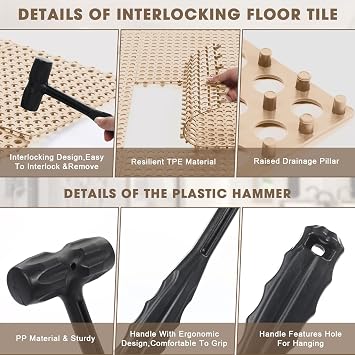 Drydiet 8 Pack Drainage Tiles Modular Interlocking Floor Tiles with 1 Pc Plastic Hammer 12 x 12 Cushion Mat Non Slip Rubber Floor mat with Holes for Pool Bathroom Deck Kitchen Patio (Beige)