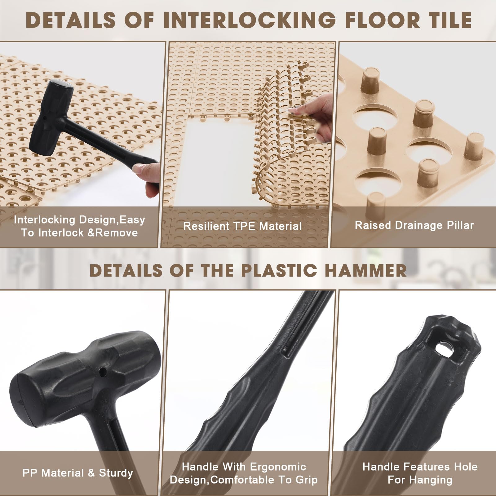 Drydiet 8 Pack Drainage Tiles Modular Interlocking Floor Tiles with 1 Pc Plastic Hammer 12" x 12" Cushion Mat Non Slip Rubber Floor mat with Holes for Pool Bathroom Deck Kitchen Patio (Beige) — Amazon image 3