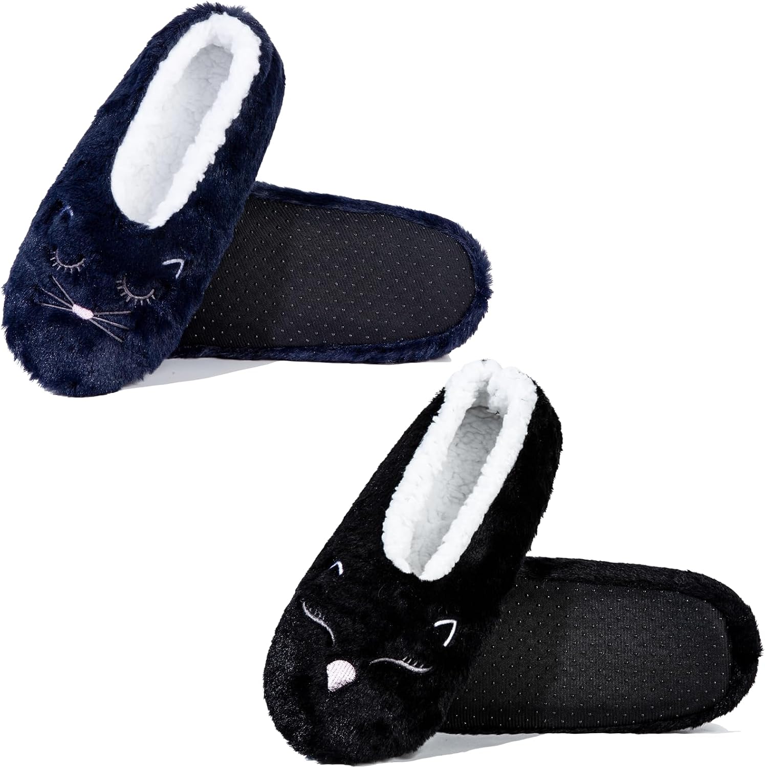 2 Pairs Slippers for Women, Cat Slipper Socks with Grippers Indoor, Non Slip Fuzzy Winter Warm House Slippers, Home Slippers for Bedroom