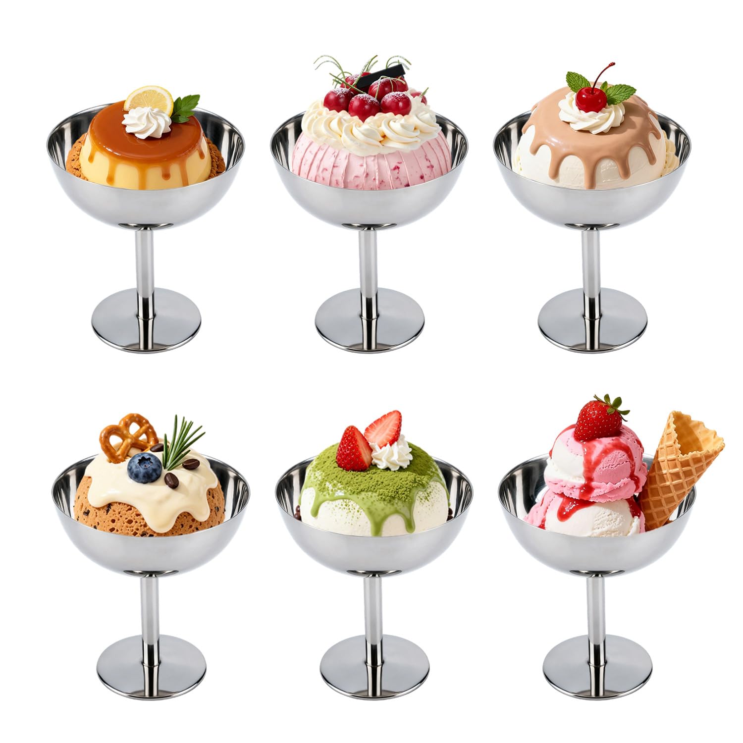 Eisbecher Edelstahl, 200 ml Ø 10cm Edelstahl Dessertbecher mit Fuß Ice Cream Sundae Dessertgläser Eisschalen für Obst Salat Joghurt Pudding Cocktail (6 Stück, Hoch)