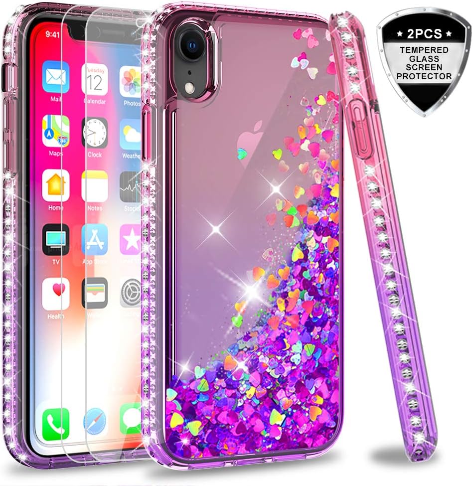 LeYi Compatible for iPhone XR Case with Tempered Glass Screen Protector [2 Pack] for Girls Women, Glitter Bling Liquid Cute Clear Protective Phone Cover Cases for Apple iPhone 10 XR 10XR, Pink/Purple