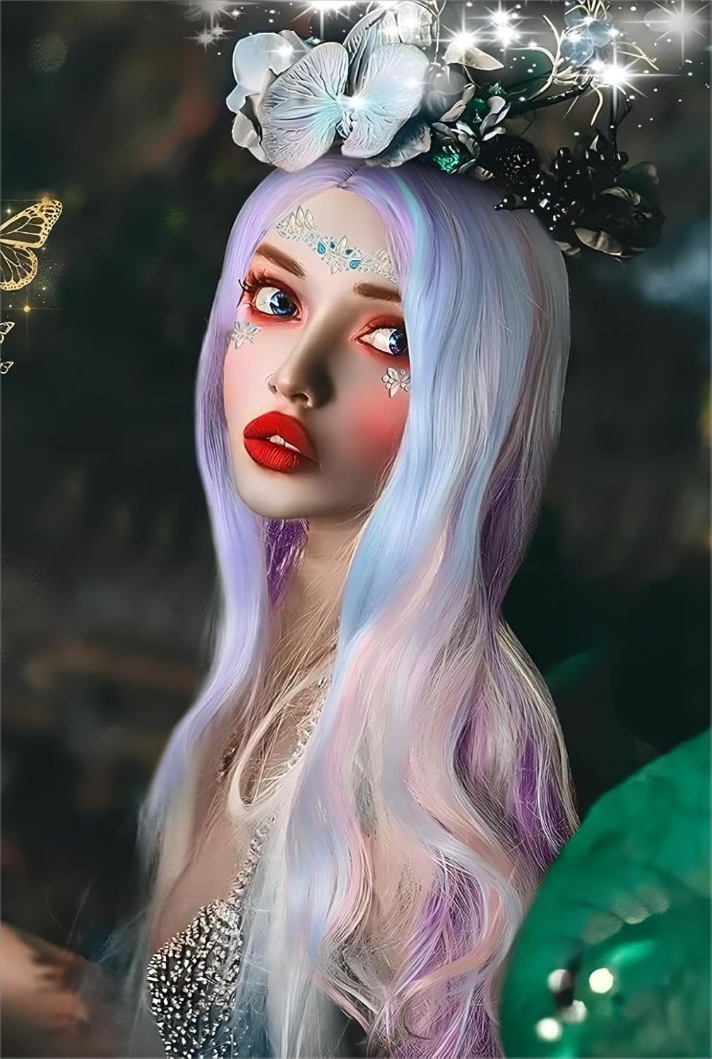 24” Rainbow Non-Lace Wig Natural Long Wavy Synthetic Heat-resistant Fiber Wigs Middle Part Multi-color wig for Halloween Unicorn mermaid cosplay for All Occasions