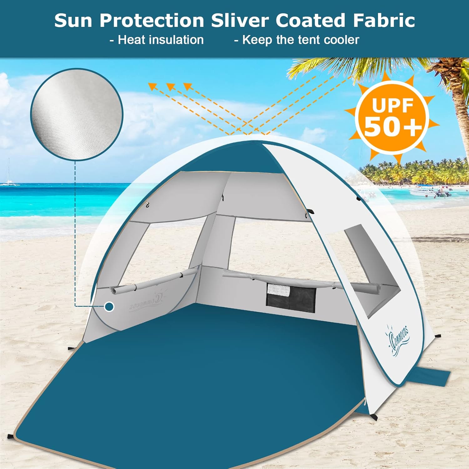 COMMOUDS Large Pop Up Beach Tent for 3-4 Person, UPF 50+ Beach Sun Shade, Automatic Beach Sun Shelter Umbrella with Carry Bag, Lightweight and Easy Set Up