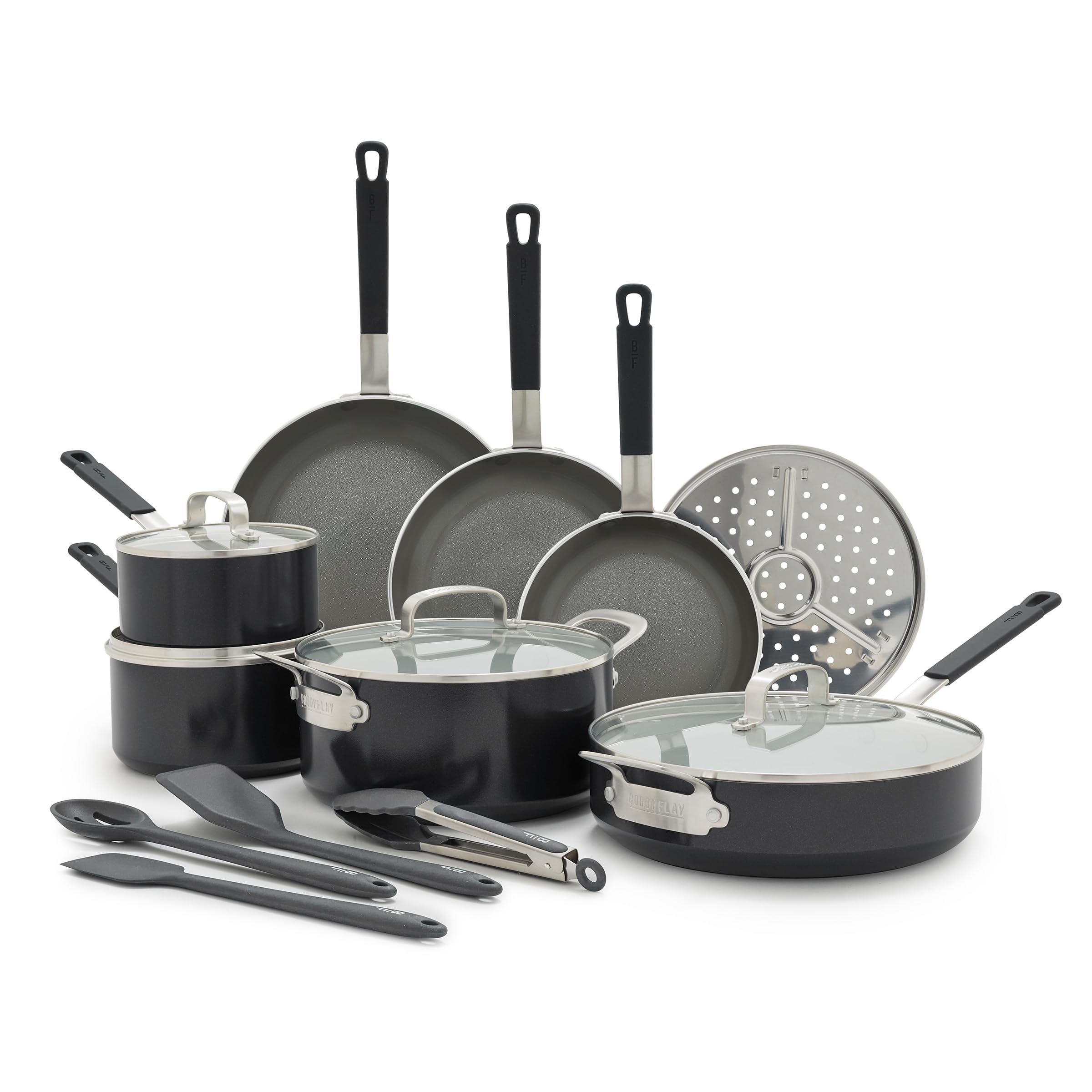 X Bobby Flay 16 Piece Ceramic Nonstick Cookware Set, Black