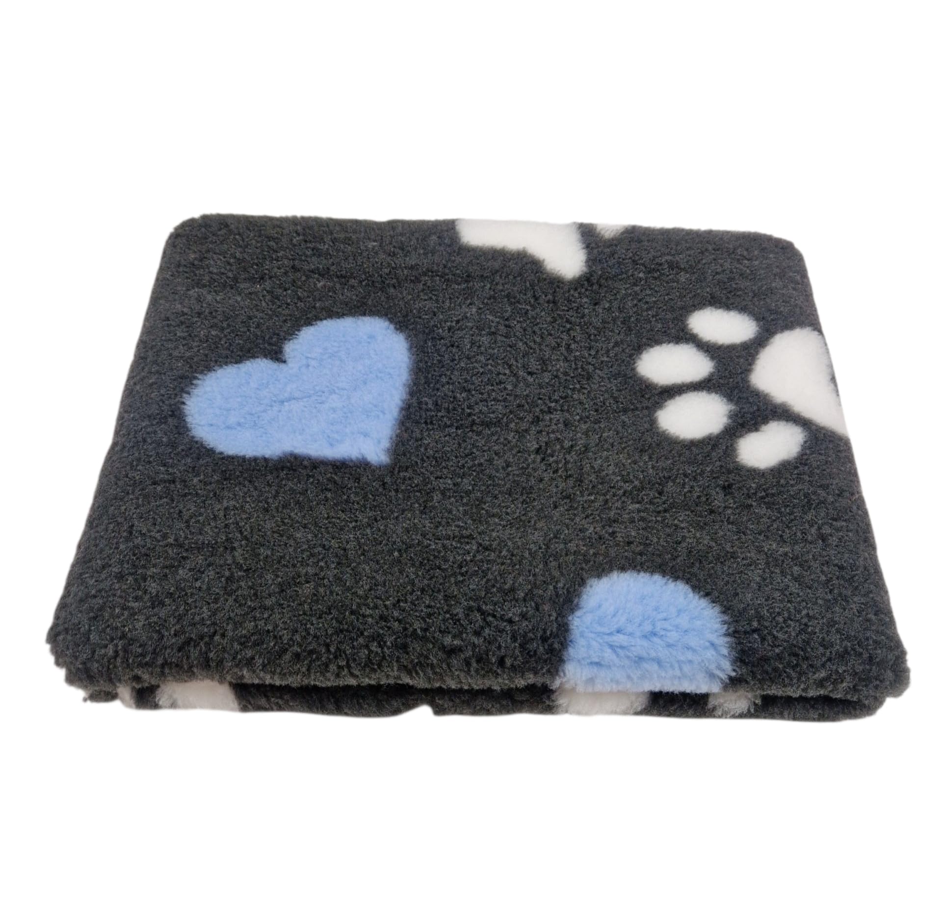 WOOF AND PUP | Non Slip Vet Bedding | Machine Washable | Dog Bed | UK Manufactured | Non Slip (Charcoal Blue White Heart and Paws, 150cm x 200cm)