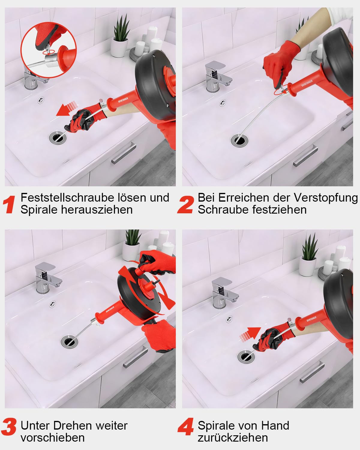 DEWINNER Rohrreinigungsspirale 10m mit Bohraufsatz - Manuell & Elektrisch Abflussreiniger Komplettset inkl. Handschuhe - Für Küche, Waschbecken, Dusche, Badewanne