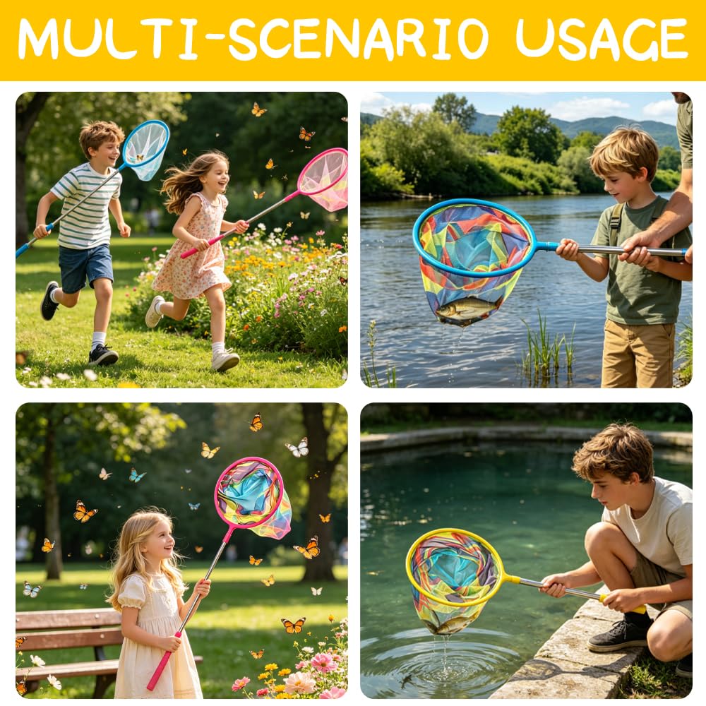 3 pcs Angel Kescher für Kinder, Teleskop Kescher Angeln mit Teleskopstange 55-123cm, Angelkescher Schmetterlingsnetz Klein zum Fangen von Insekten, Schmetterlingen, Fischernetze
