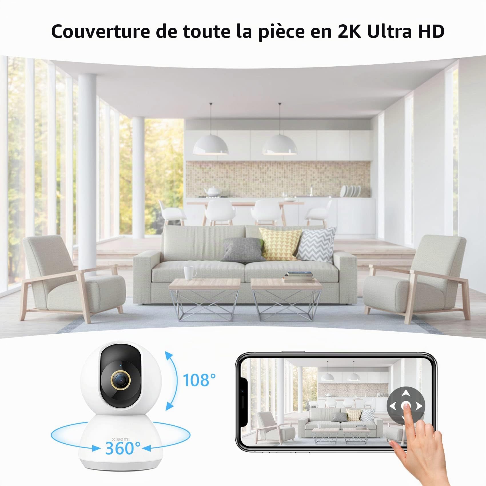 Xiaomi Mi Smart Camera C300 Caméra Surveillance WiFi Intérieure Caméra 360°, Détection Humaine AI Suivi Intelligent Sirène Audio Bidirectionnel, pour Bébé et Animaux