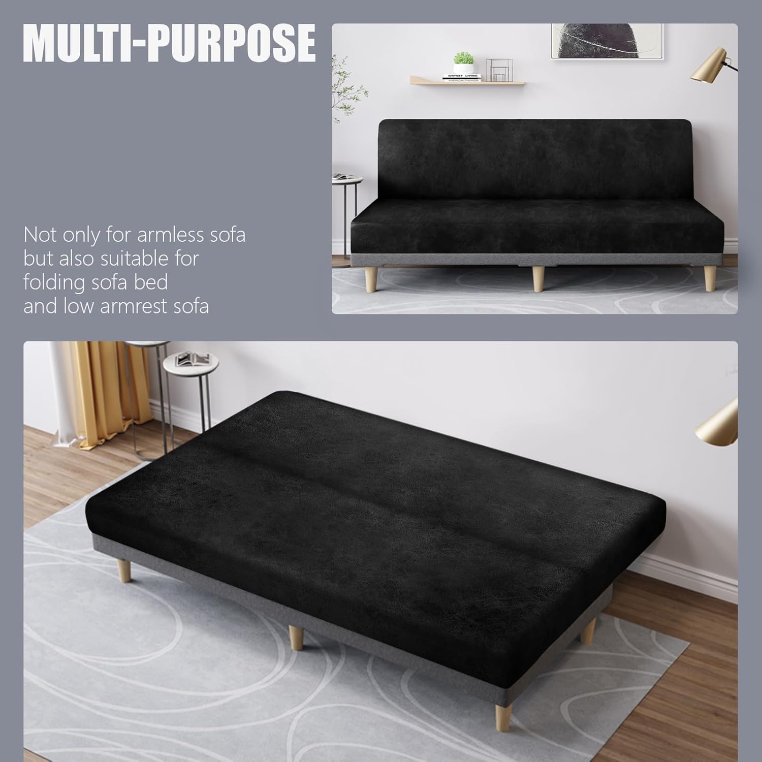 molasofa Leather Like Stretch Futon Slipcover Armless Futon Bed Sofa Cover Furniture Protector with Elastic Bottom, Soft and Washable Futon Cover for Sofa Bed Stay in Place（Larger，Black）