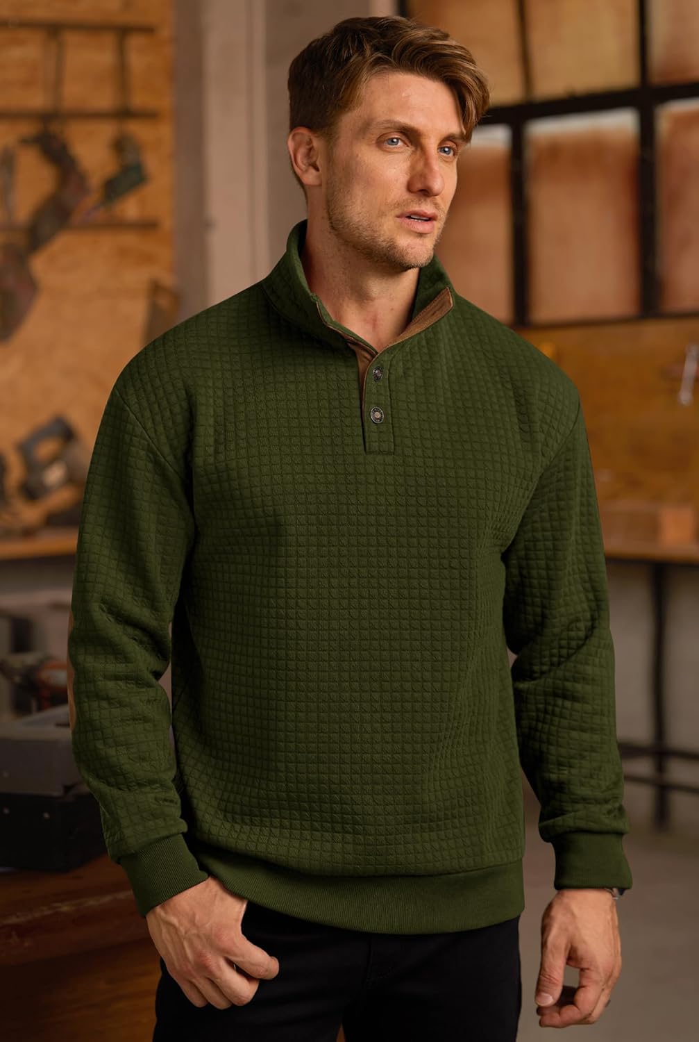 Men's Textured Sweatshirt Fleece Lined Thermal Elbow Patches Heavyweight Pullover - Image 3