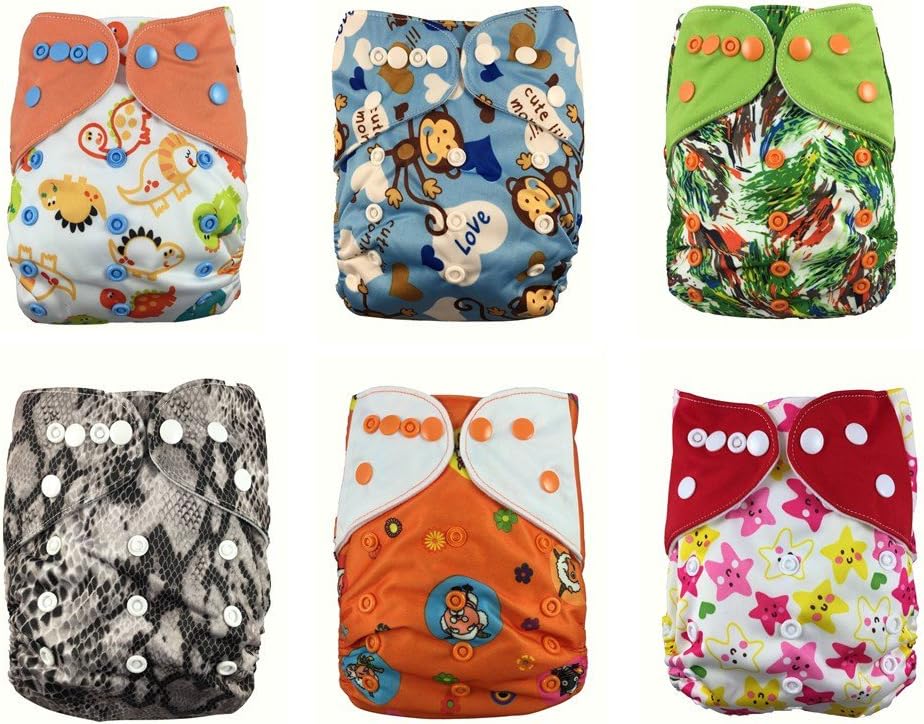 Nooya Adjustable Snap One Size Baby Cloth Diapers ,Washable Reusable ,Breathable, 6 Pack Pocket Cloth Diaper with 2 Inserts Each,6PCS + 12 Inserts