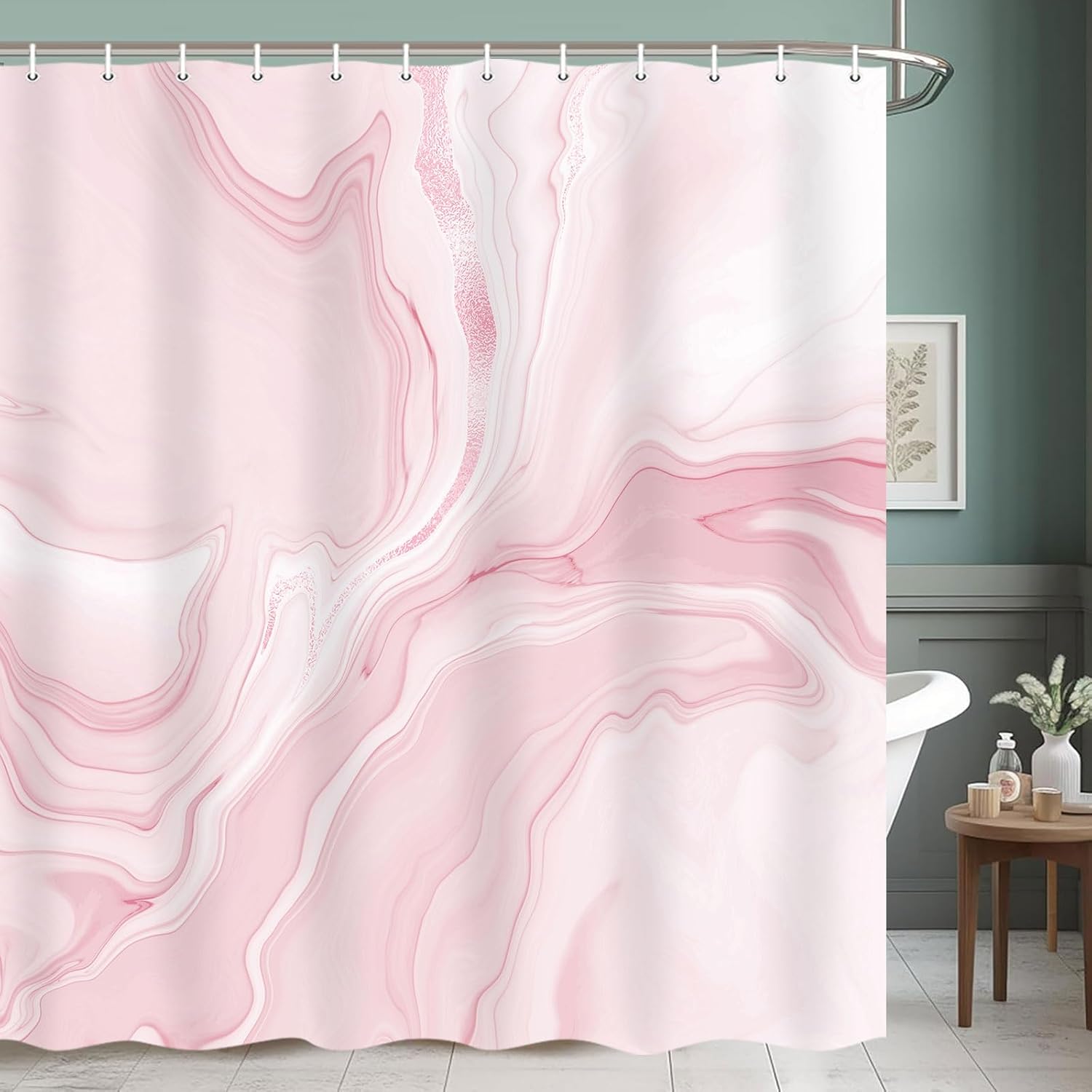 MERCHR Pink Marble Shower Curtain, Abstract Modern Shower Curtains for Bathroom Decor, Aesthetic Ink Art Chic Elegant Waterproof Fabric Shower Curtain Set with Hooks, 72x78 Inch