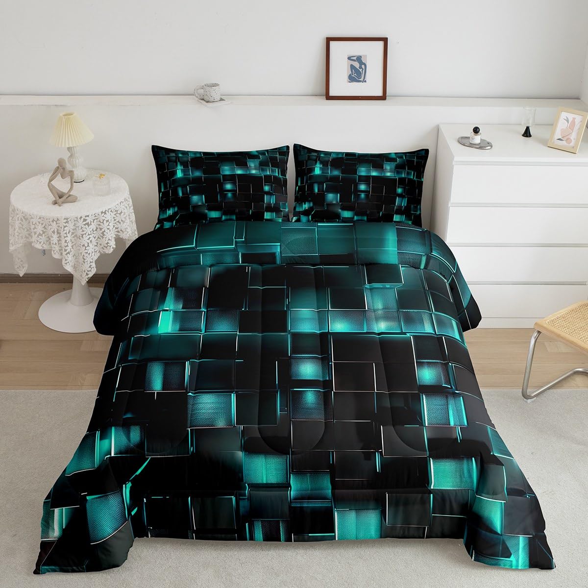 Erosebridal Black and Teal Comforter Set Modern Geometric Bedding Comforter Sets Gradient Neon Cubes Queen Quilt Set Girls,Abstract Square Grid Duvet Insert Geometry Lattice Wall Brick Decor