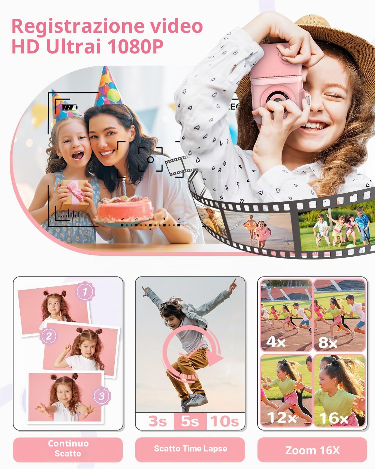 Macchina Fotografica Bambini Istantanea, 2.4" Fotocamera Digitale Selfie con 24MP/1080P HD Videocamera, 32GB Scheda, 5 Rotoli Carta Stampa Fotocamera Bambini per Ragazze Ragazzi da 3-14 Regalo, Rosa