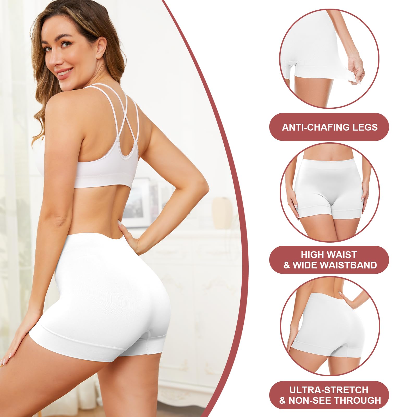 Pantalones cortos para mujer debajo de los vestidos, pantalones cortos antirozaduras, pantalones cortos de yoga, pantalones cortos de motociclista, negro, blanco (Black White Nude), Grande 5