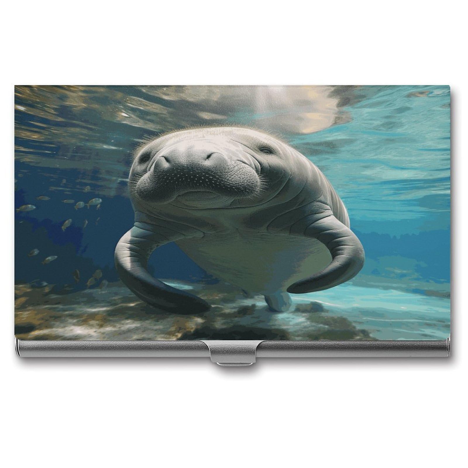 JTREHY Cute Sea Animal Manatee Business Card Holder Slim Purse Name Card Holder Portable Metal Business Card Case Wallet Large Capacity Lightweight Business Card Case for Men Women