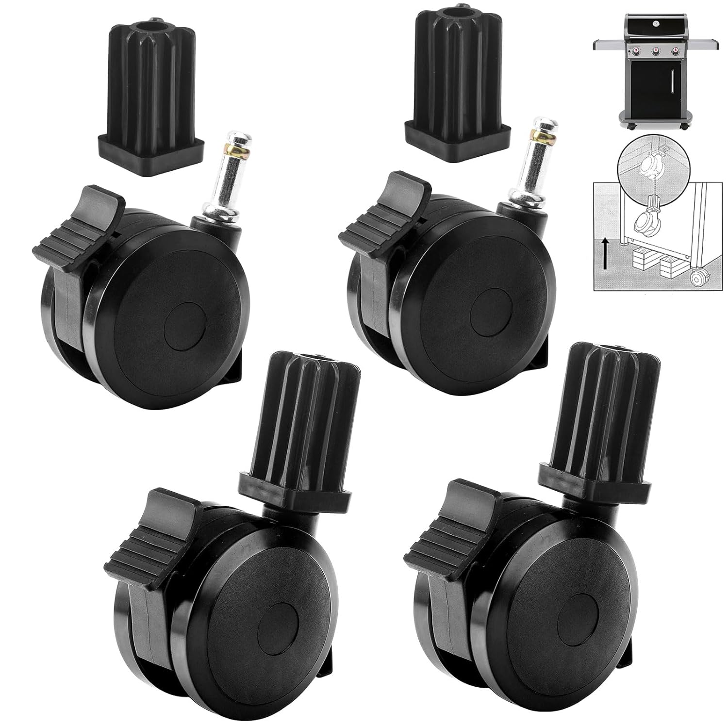 4 Set 70360 Locking Caster With Insert Compatible With Weber Spirit Grills (2009-2012), Genesis (2007-2011), Summit (2007-2011), 300 Series, 200 Series, E400, E600