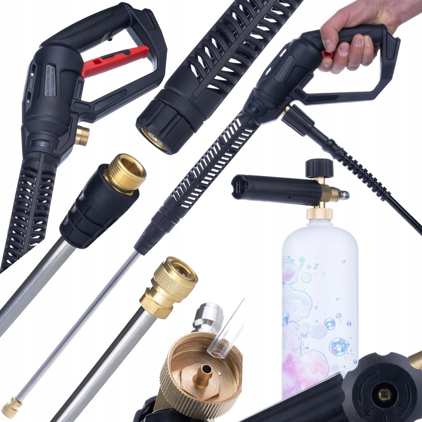 Rosfix Set Pro Clean Gun PCG1 – Pistola de alta presión con conector M22 x 1,5 + lanza + 1 L pistola de espuma | 4000 PSI | Núcleo de latón | Repuesto para limpiadores de alta presión Kärcher, Bosch