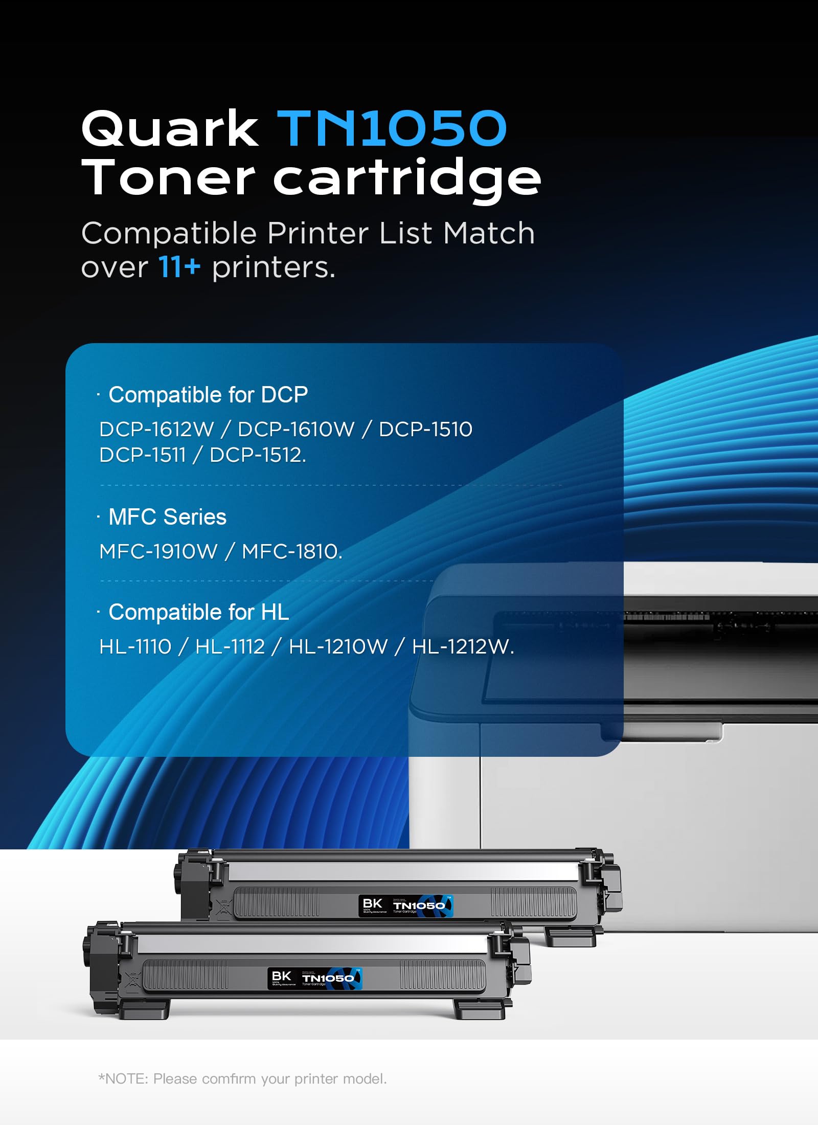 Volto 2 pezzi Toner TN1050 compatibile con Brother TN-1050 per DCP-1612W DCP-1510 MFC-1910 HL-1110 HL-1210W HL-1212W DCP-1512 DCP-1610 MFC-1810 (nero)