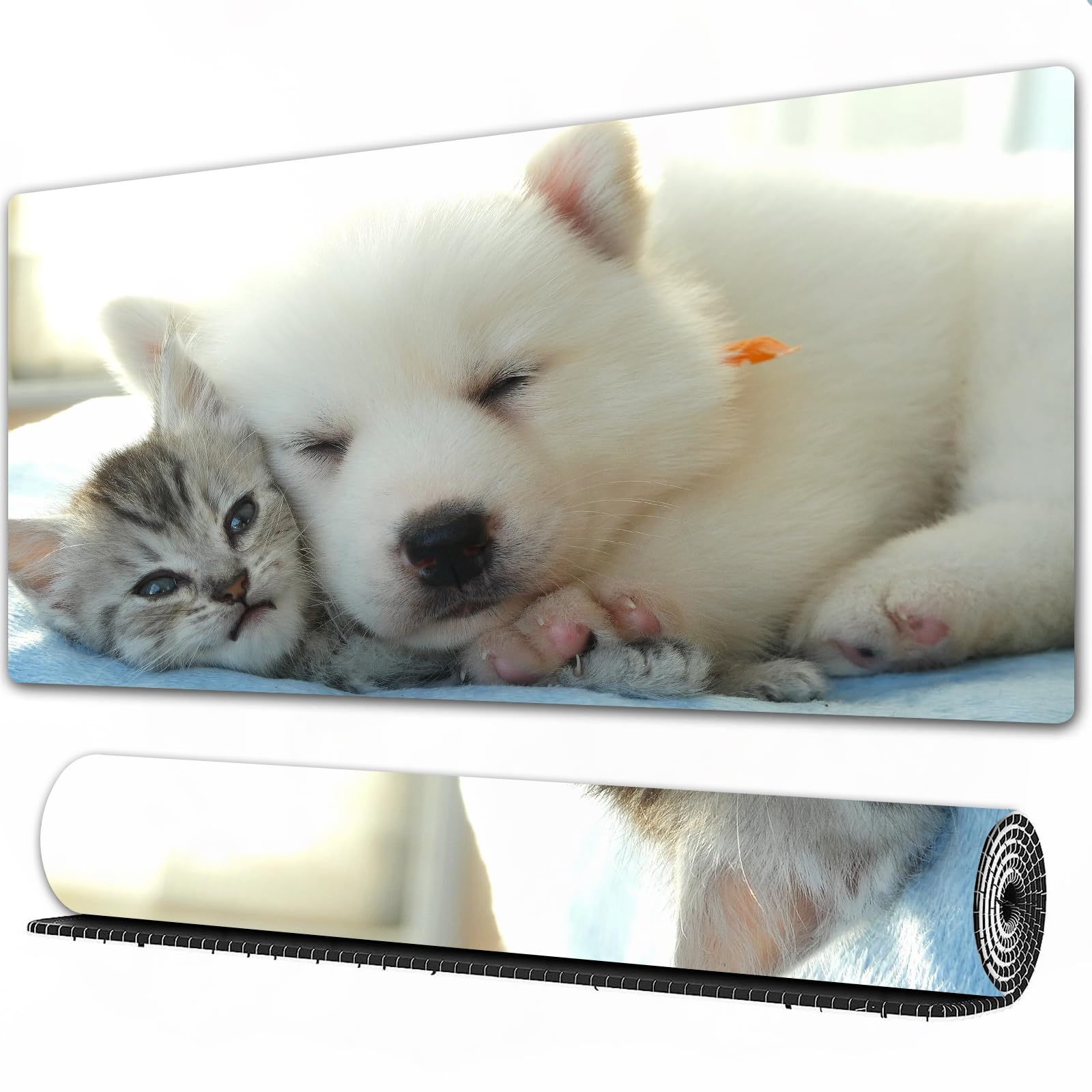 Tappetino per mouse da gioco,grande,antiscivolo,impermeabile,con bordi cuciti,foto di un gattino e un cane,per gaming,ufficio,casa,40x90 cm