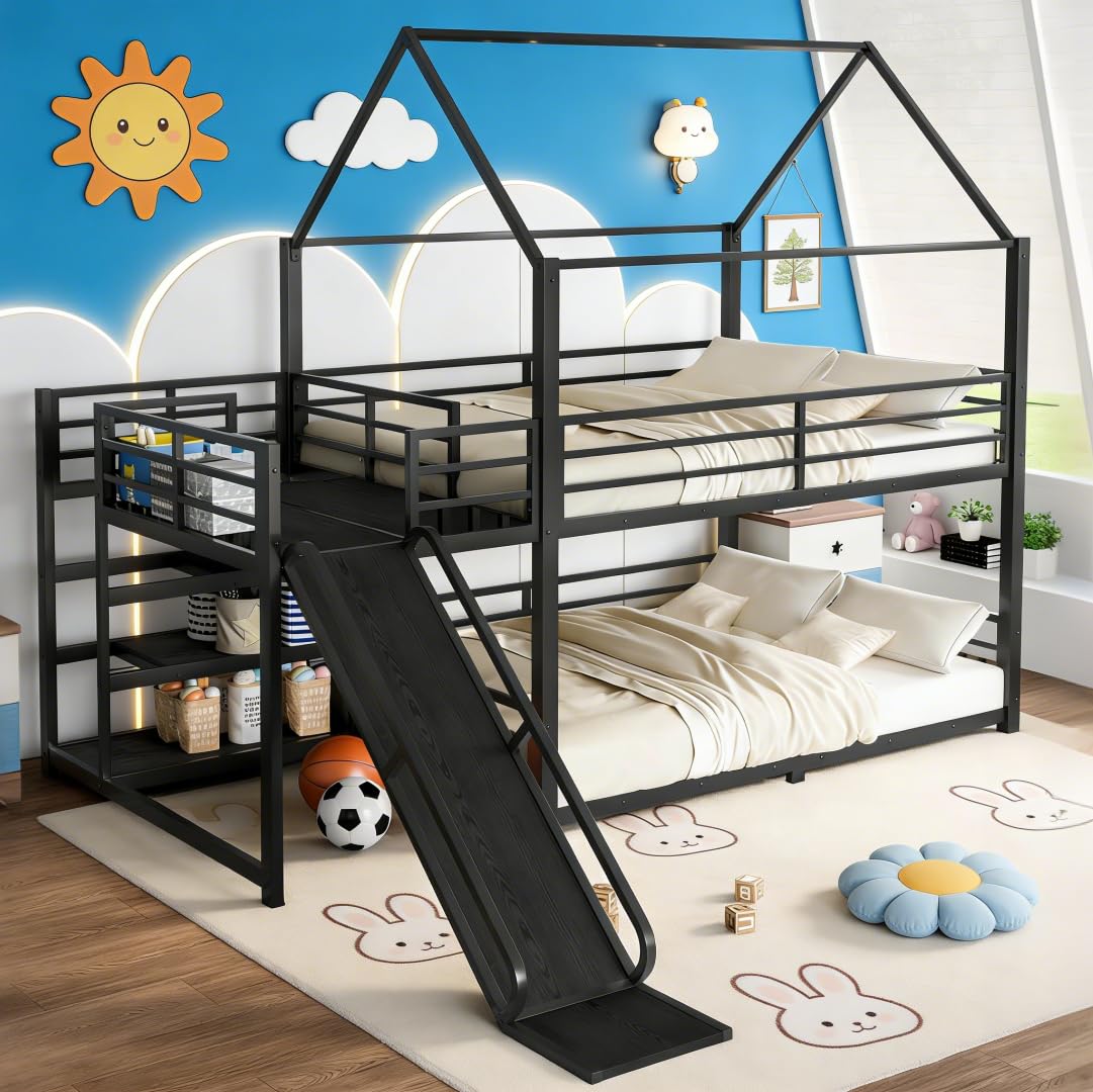 Bellemave Metal Bunk beds Full Over Full with Slide and Storage Stairs, House Floor bunk Bed with guardrail for Kids,Black