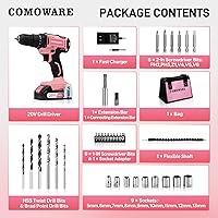 Vista 2 de COMOWARE Juego de Taladro Inalámbrico, Juego de Taladro Eléctrico Rosa de 20V para Mujeres, 1 Batería y Cargador, Portabrocas sin Llave de 3/8", 2
