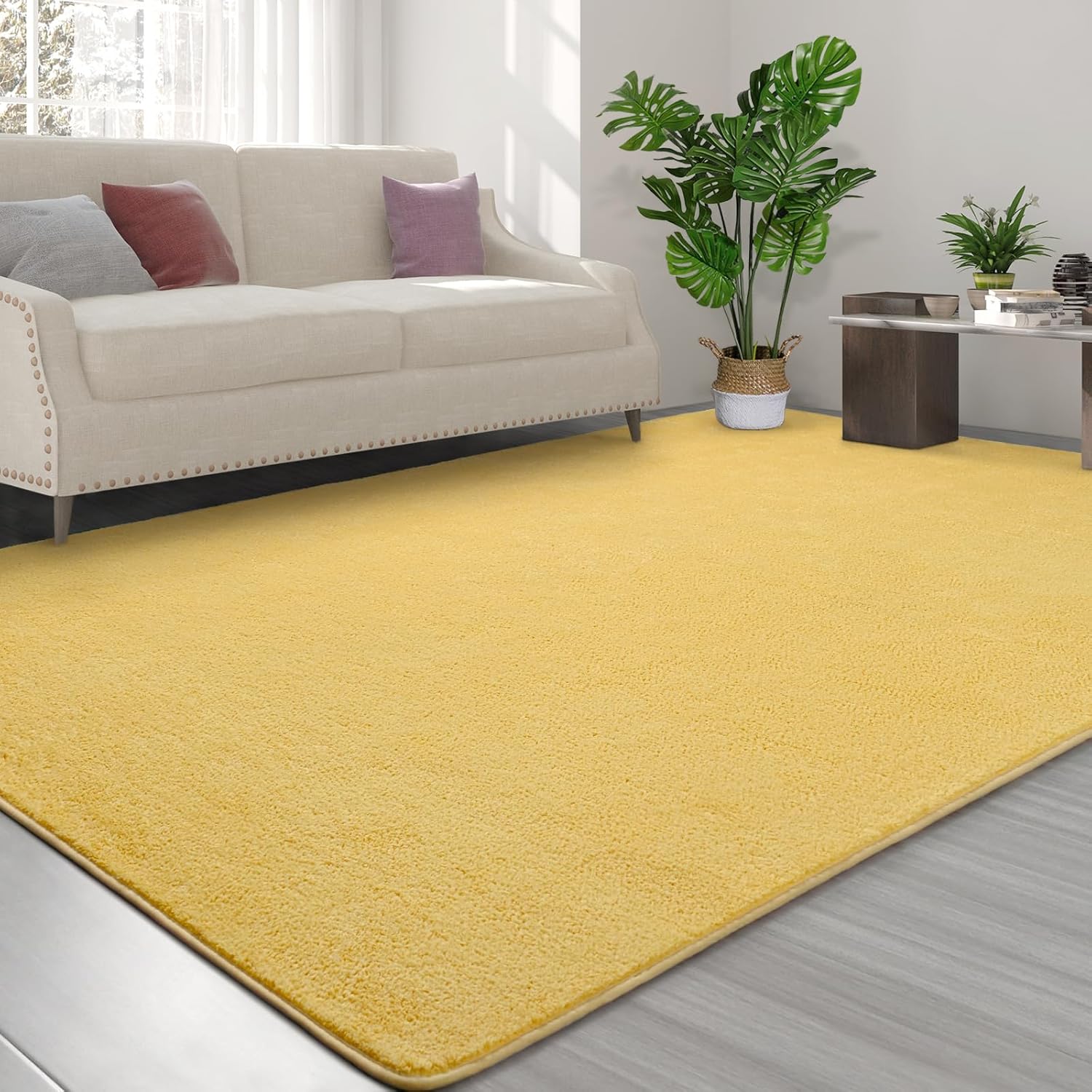 FlyDOIT Area Rugs for Bedroom Living Room, 4x6 Yellow Super Soft Comfy Thickened Memory-Foam Indoor Carpets, Modern Aesthetic Minimalist Carpet for Boys Girls Adults Apartment Nursery Home Décor
