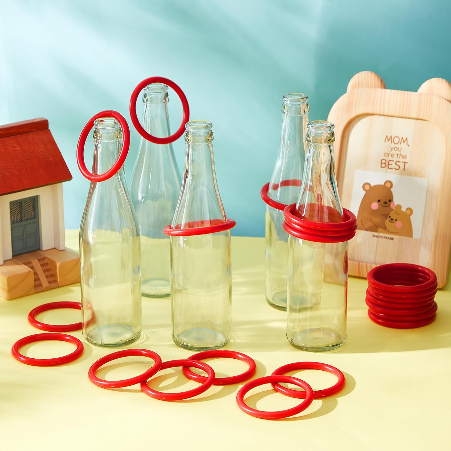 Tioncy Ring Toss Outdoor Carnival Backyard Adults Fun Target Glass Bottles with Mixed Color Rings Hoops for Family Outside Sport Party Accessories