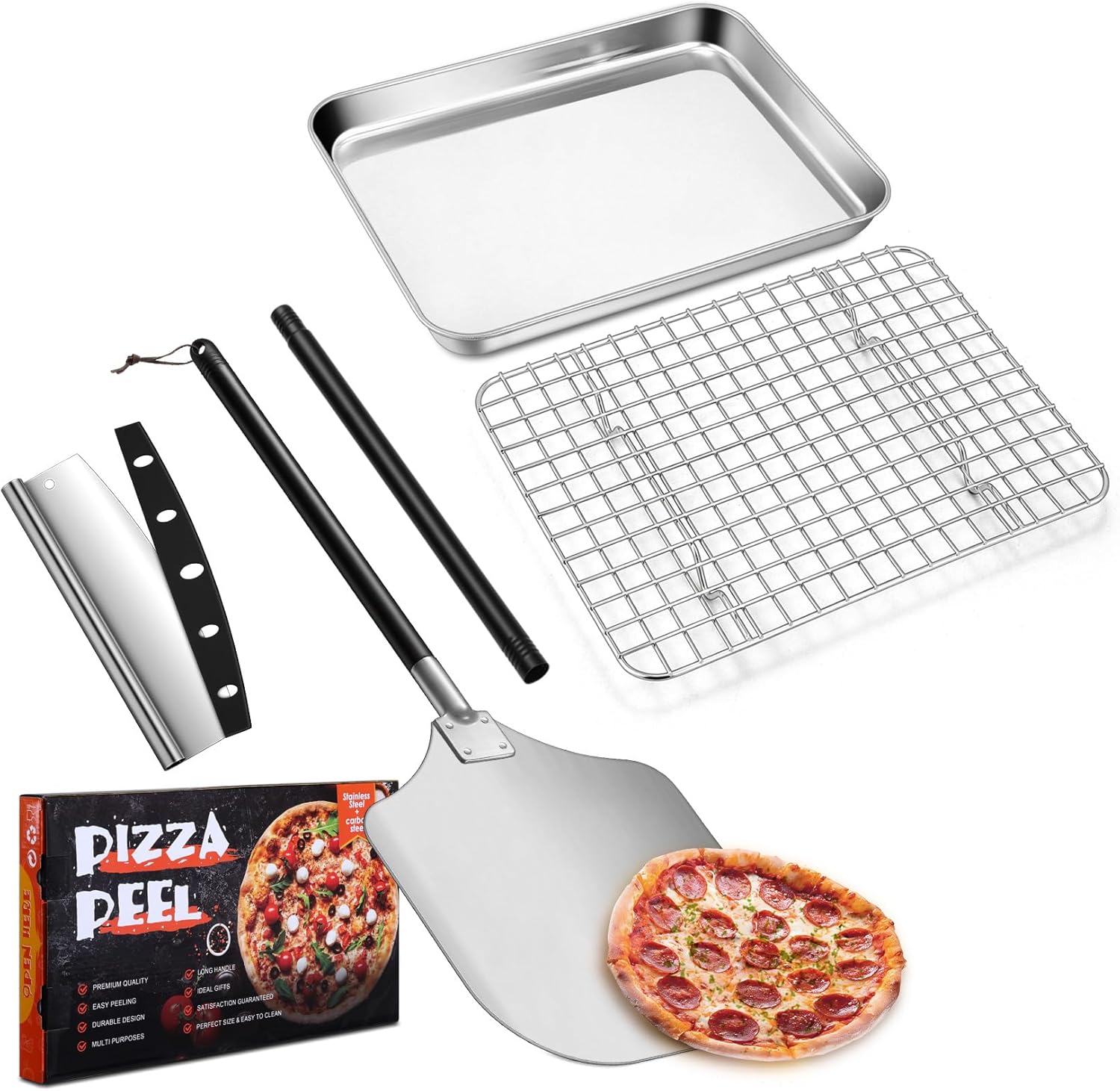9” Baking Pan with Cooling Rack & 12” Pizza Peel Aluminum Pizzas Spatula, Joyfair Long Handle Metal Pizza Paddle with Cutter Rocker, Stainless Steel Toaster Oven Tray Pans with Grid Racks