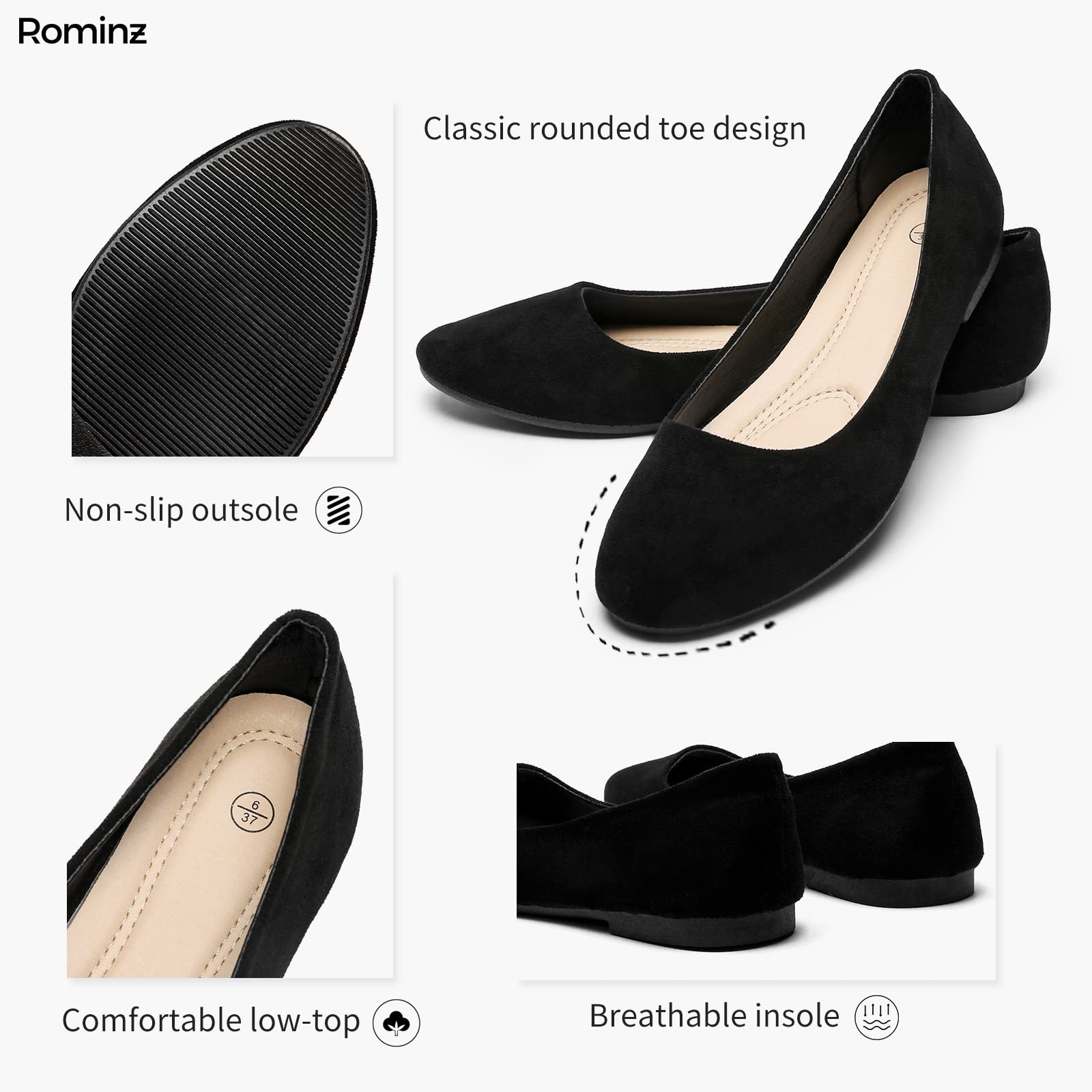 Rominz Women's Flats Shoes Round Toe Flats Black Flats Shoes Women Ballet Flats for Women Dressy Shoes Nude Flats