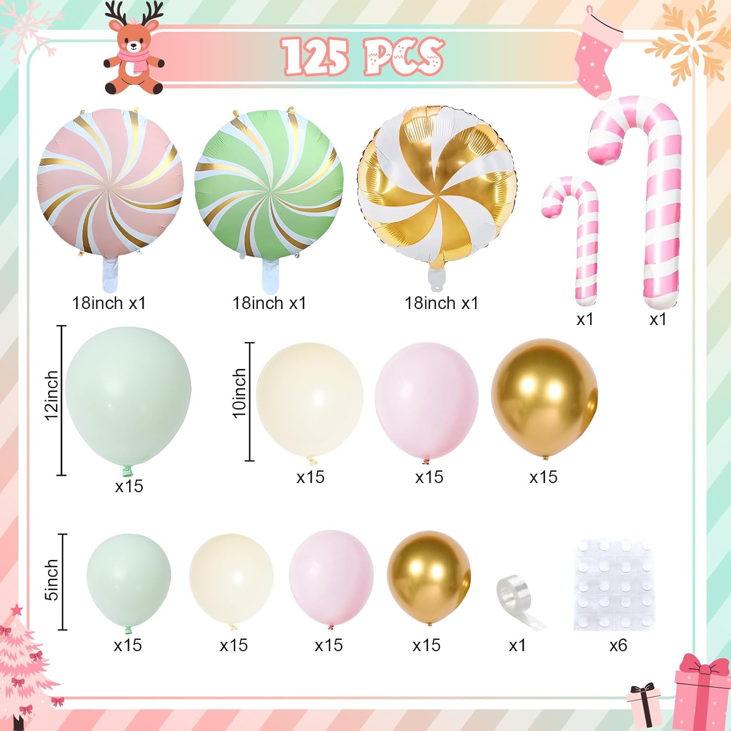 Christmas Balloons Garland Arch Kit, 125pcs Pastel Pink Green Balloon with Candy Cane Peppermint Foil Balloon for Christmas Theme New Year Xmas Holiday Birthday Party Decorations - Image 2