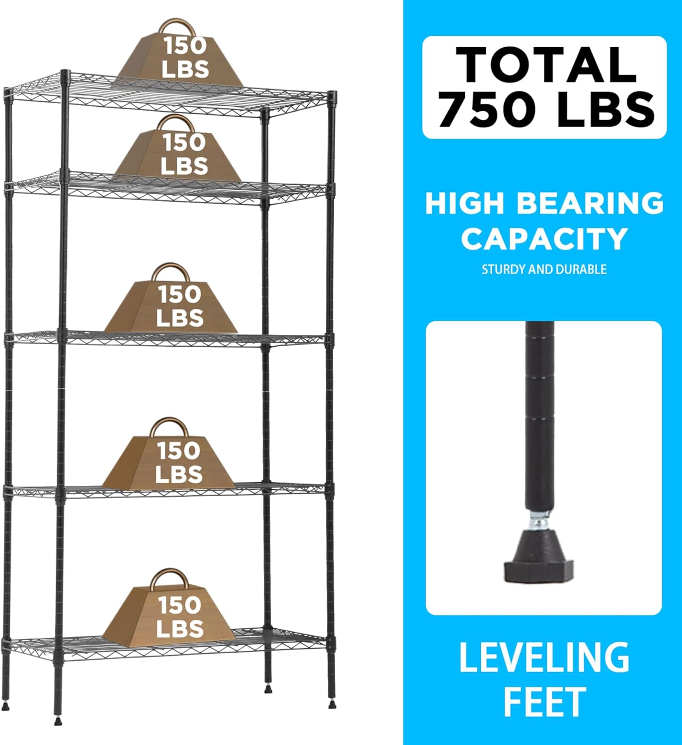 24/7 Shop at Home Rex Industrial 5 Tier Wire Shelving Rack with Wheels, Adjustable Shelves and NSF Certified, Metal Storage Shelves for Kitchen, Office, Garage, Basement, Laundry Room, Black