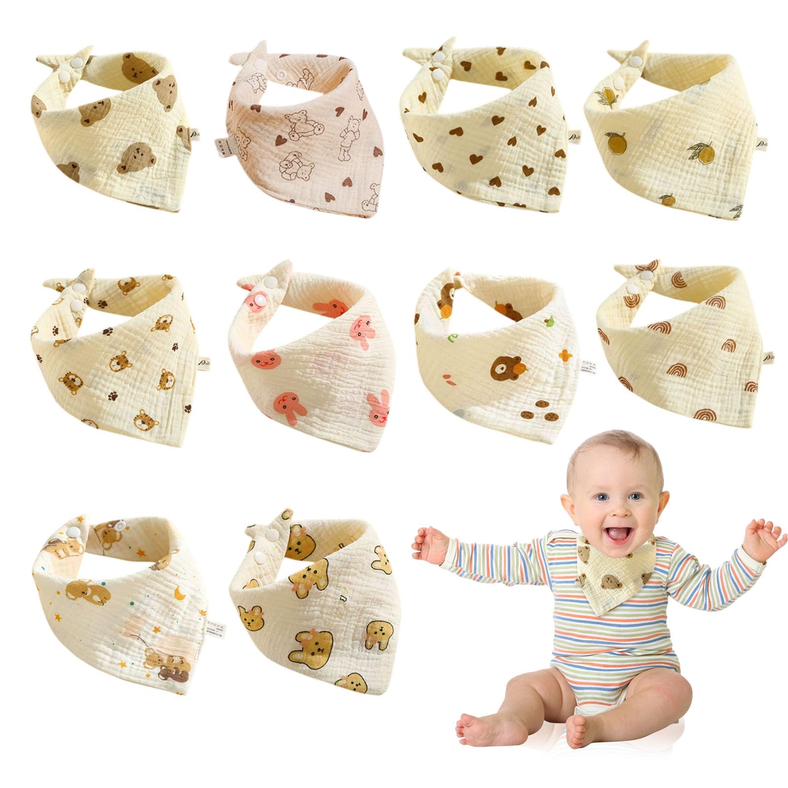 Eniyou 10 Pcs Dreieckstuch Baby Halstuch Baby Lätzchen Weich Und Hautfreundlich Atmungsaktiv Und Saugfähig mit 2 Verstellbaren Druckknöpfen Geeignet für Babys Unterschiedlichen Alters