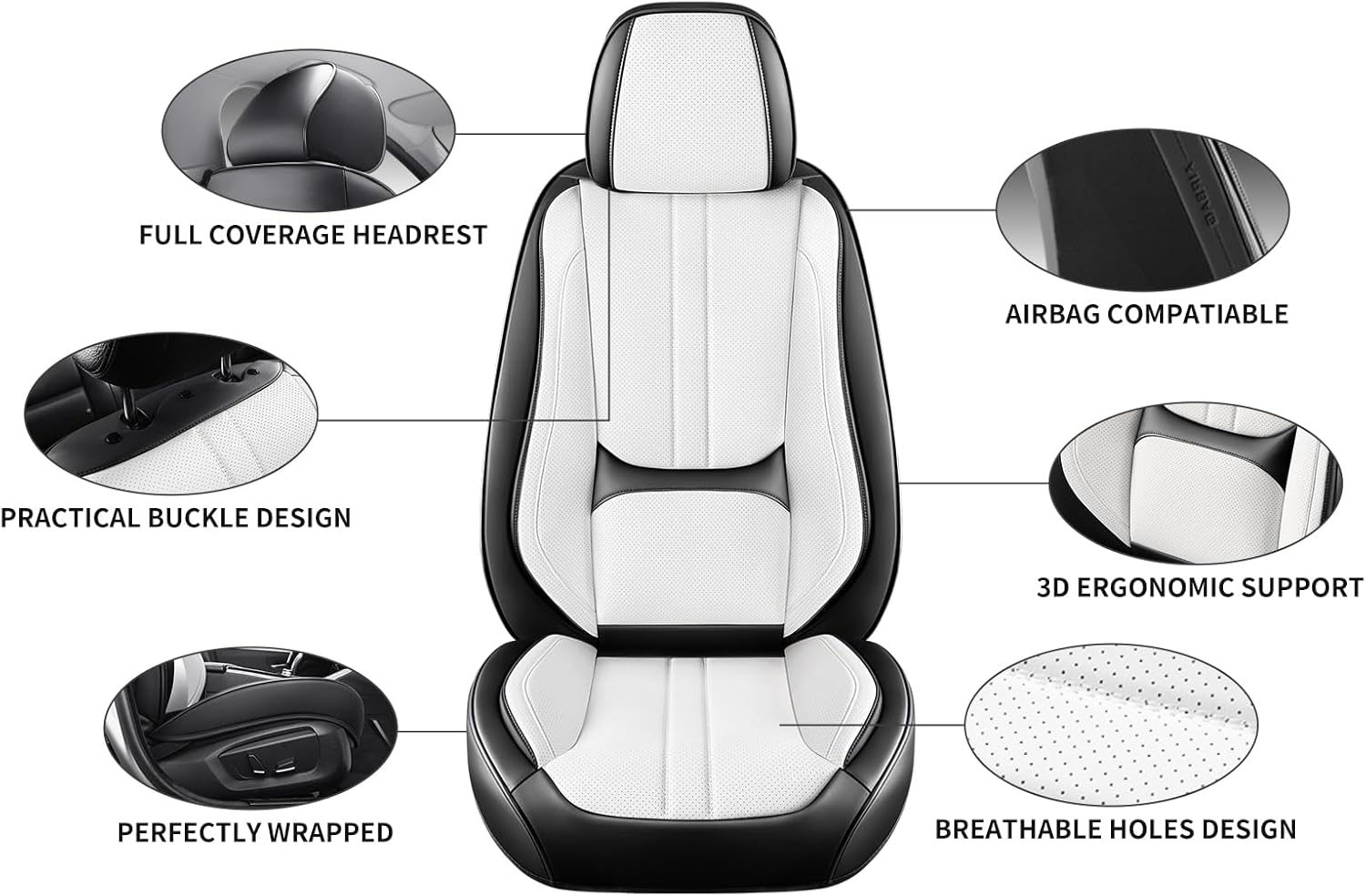Car Seat Covers Full Set Fit for Chrysler 300 2005-2025, Automotive Luxury Faux Leather Seat Covers 5 Seats, Breathable Anti-Slip Seat Protectors (Black&White,Full Set)