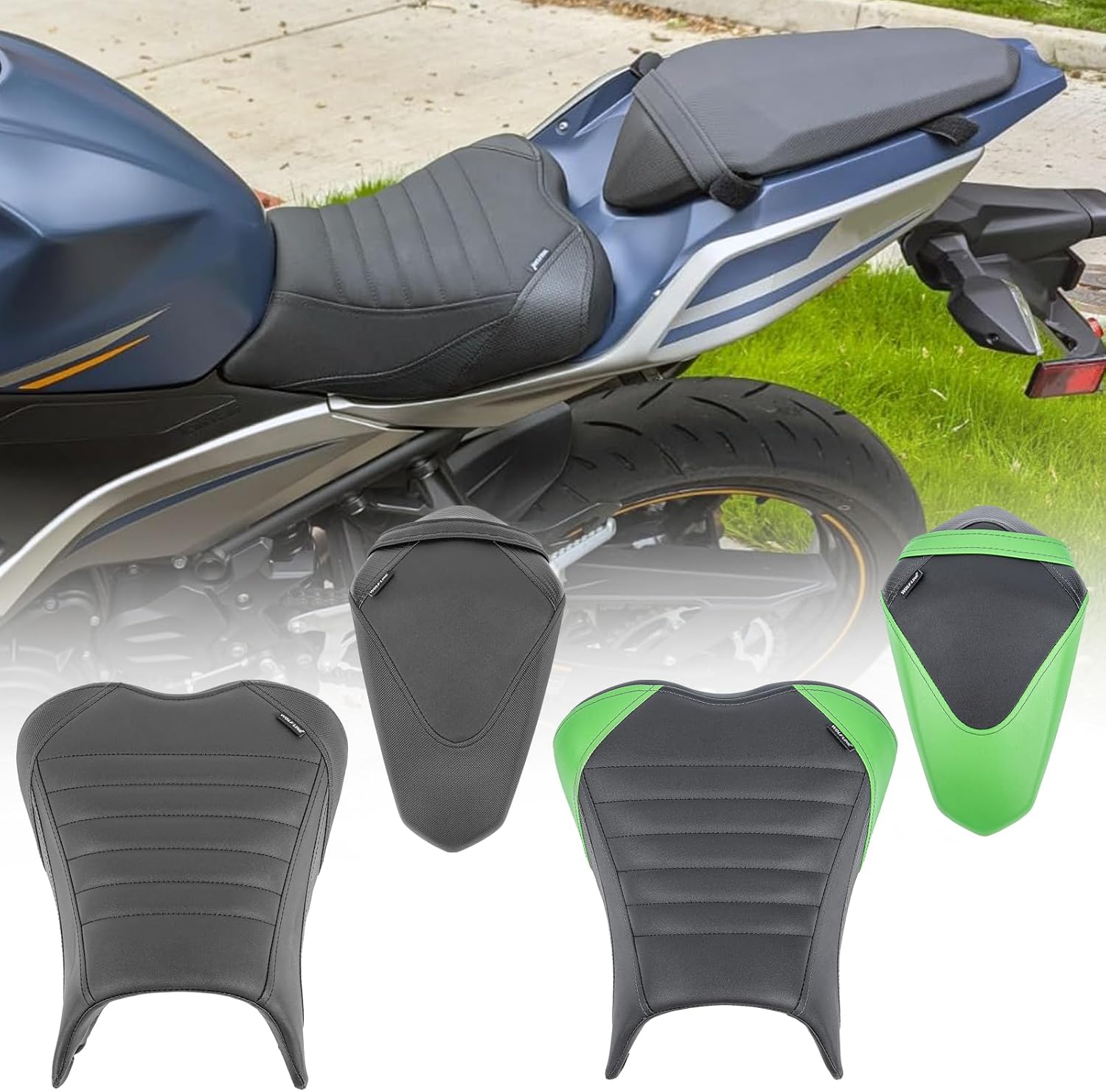 Motorcycle Ninja 400 Z400 Front Driver Rider Solo Seat Cowls Anti Slip Rear Passenger Seat Covers Cushion Pad for K.awasaki Ninja400 Ninja-400 Z 400 Z-400 2018 2019 2020 2021 2022 2023 (Green-Front)