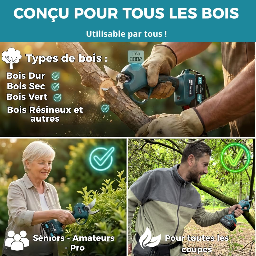 Sécateur Électrique Sans Fil 40mm - Sécateur à Batterie - 2 batteries 21V 4000mAh - Brushless 800W - Coupe Branche Professionnel - BLADEPRO