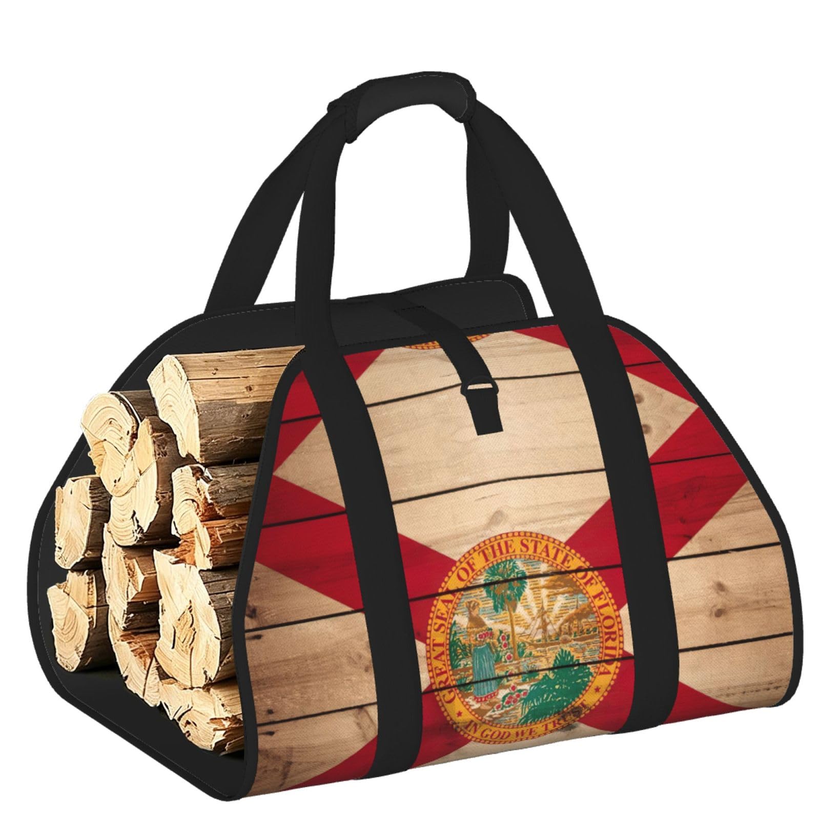 Florida flag wood grain Printed Firewood Carrier Bag, Log Tote with Open-Ended Design for Camping Outdoor Wood Hauling