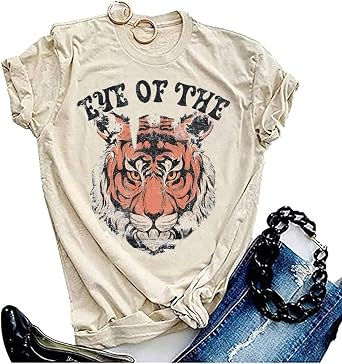Eye of The Tiger Shirt Women Vintage Tiger Printed Short Sleeve Tshirt | Animal Tiger Face Graphic Tees Throwback Concert T-Shirts Novelty Casual Comfort Crewneck Tee Tops