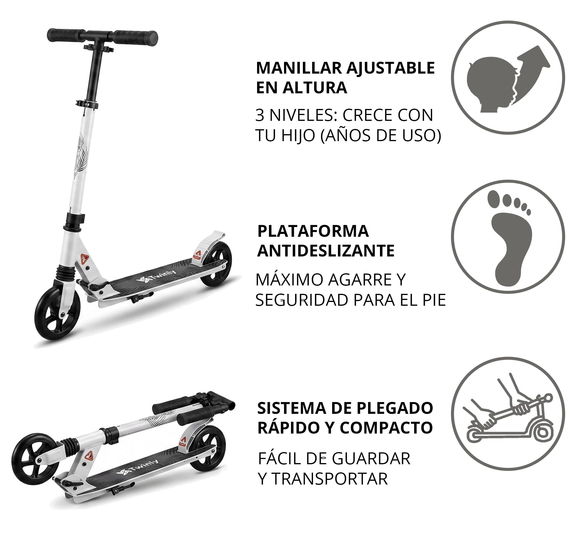 Twinly Patinete Infantil Plegable 2 Ruedas Rocky | Manillar Ajustable, Freno Trasero, Hasta 100 kg, 2 Ruedas