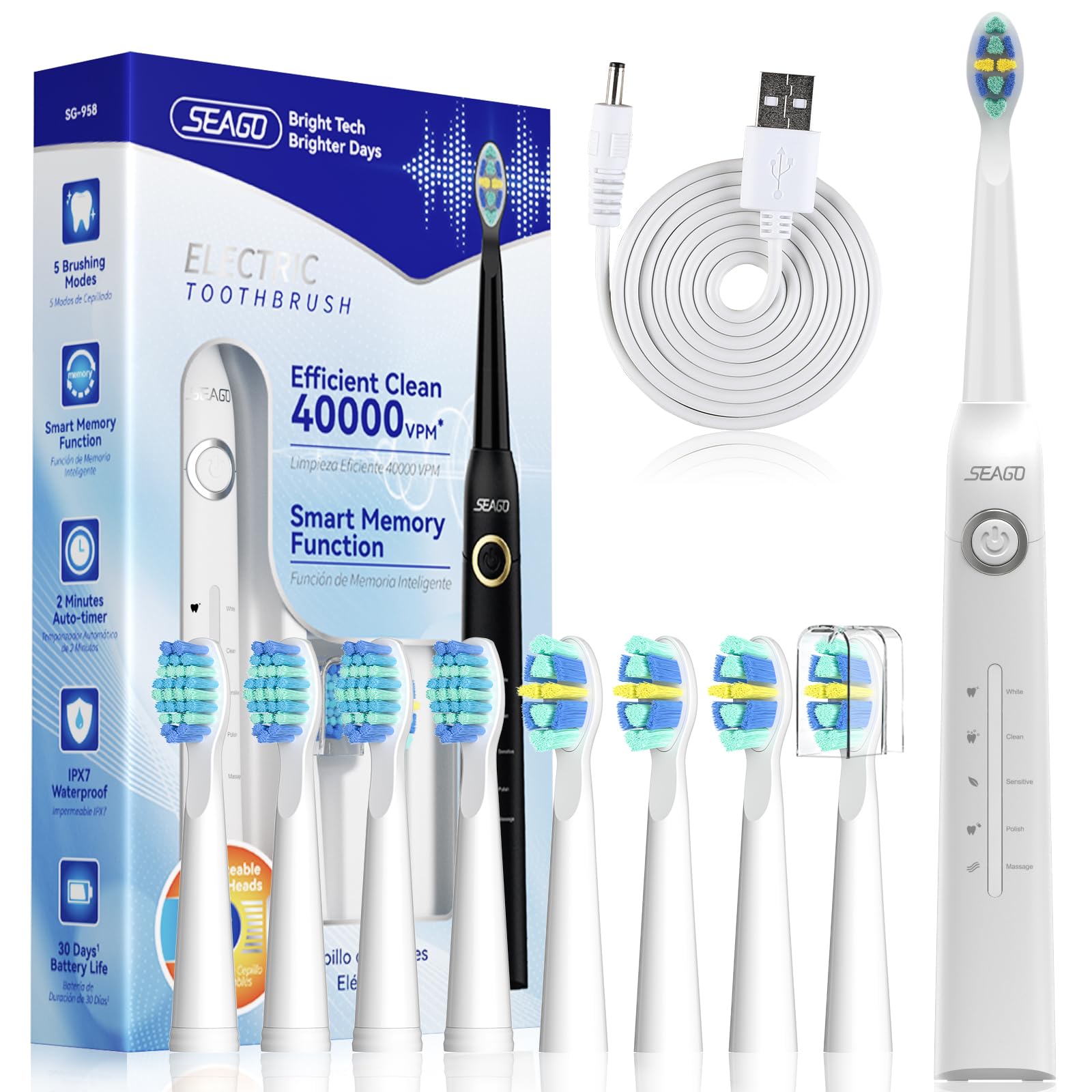 Brosse à Dents électrique Sonique - 4 Têtes De Rechange - Recharge USB Rapide - Neuf