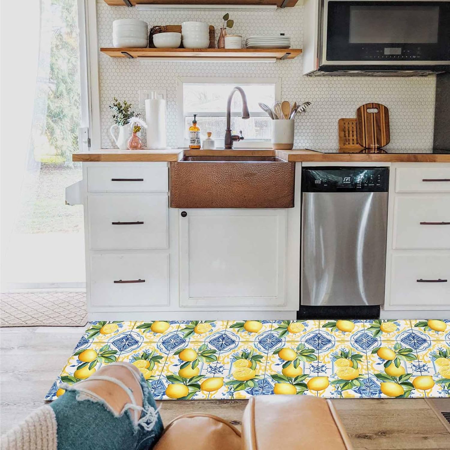 2 Pieces Kitchen Rugs and Mats,Summer Watercolor Lemon Green Leaf Area Runner Rug Set Non Slip Floor Doormat Washable Carpet Standing Mat for Kitchen Sink Indoor Corridor,Retro Blue Yellow Tiles
