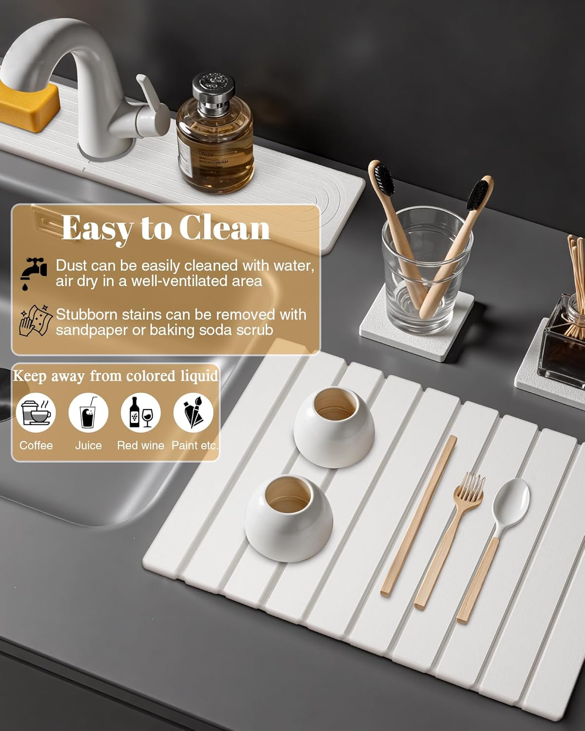 3PCS Set Large Stone Drying Mat for Kitchen Counter Foldable Collapsible Fast Drying Stone Dish Mat Water Absorbing Natural Diatomaceous Earth Bath Mat Quick Dry Stone Tray Bathroom Countertop, White