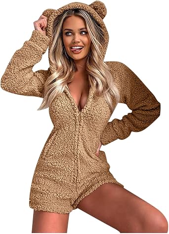 Cute Bear Onesise Sleepwear for Women Warm Fuzzy Sherpa Fleece Hooded Romper Short Jumpsuit Playsuit Pajamas