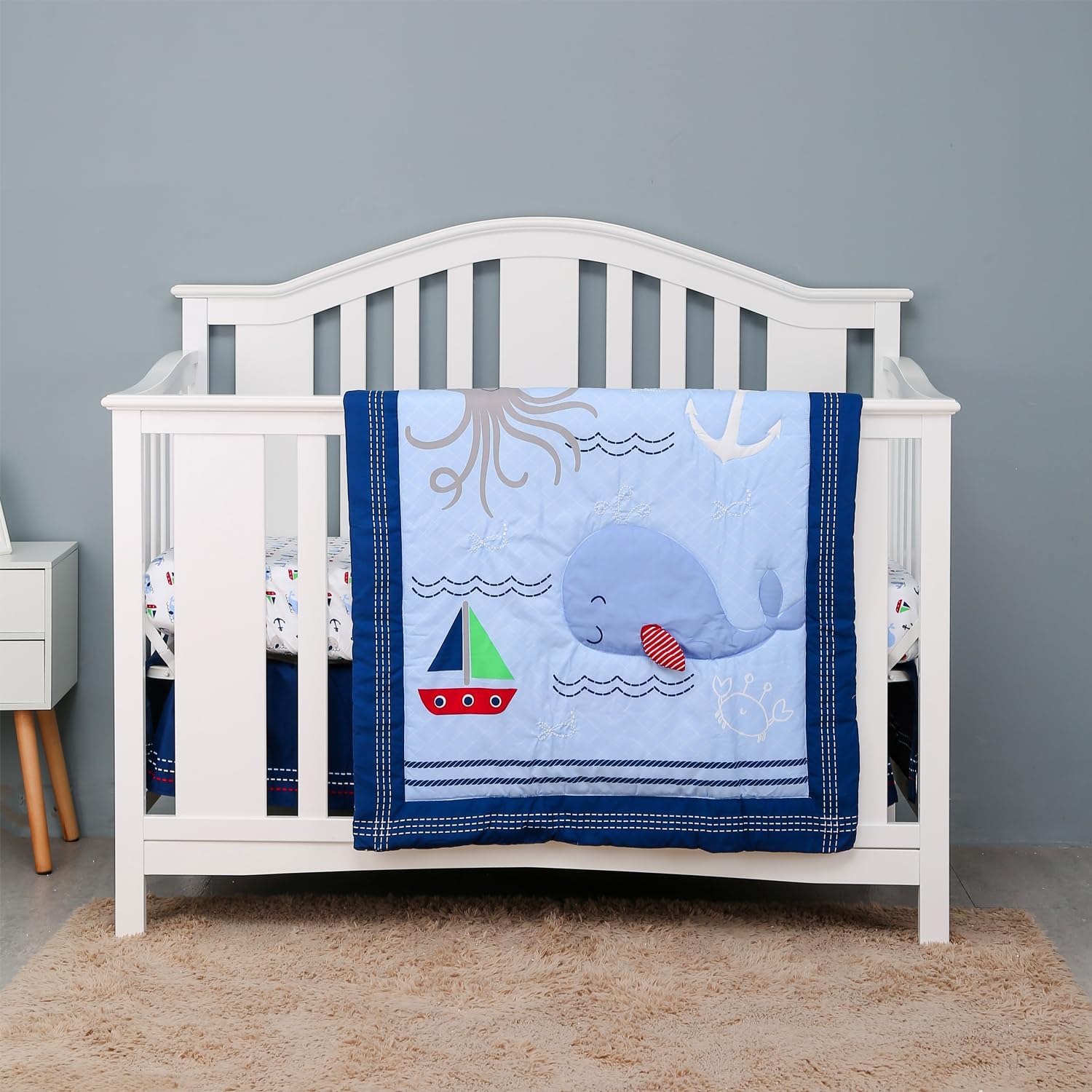 Blue Ocean Nursery Crib Sheet for Boys -1 PC Baby Boy Whale Sailboat Anchor Baby Boy Fitted Crib Sheet 28 '' x 52 ''