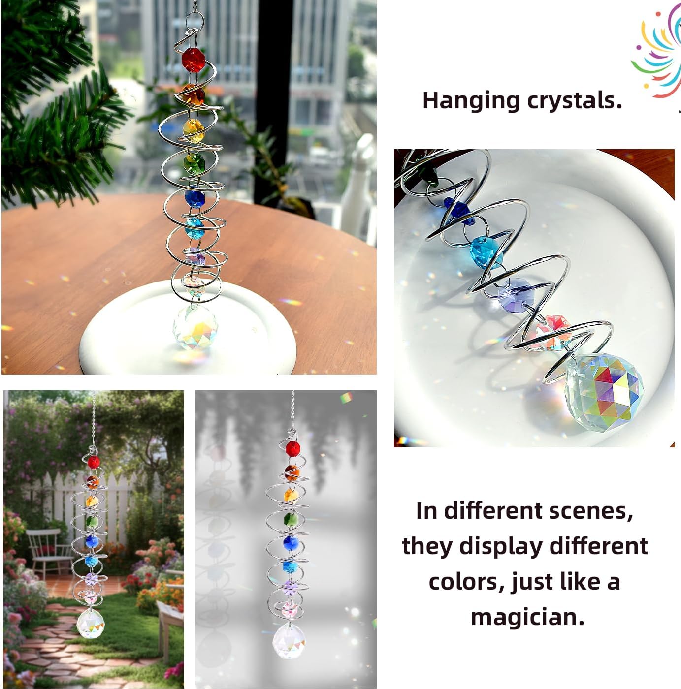 Crystal Rainbow Spiral Wind Spinner, Hanging Suncatcher with Prism Ball, Metal Spiral Chain (Mix)
