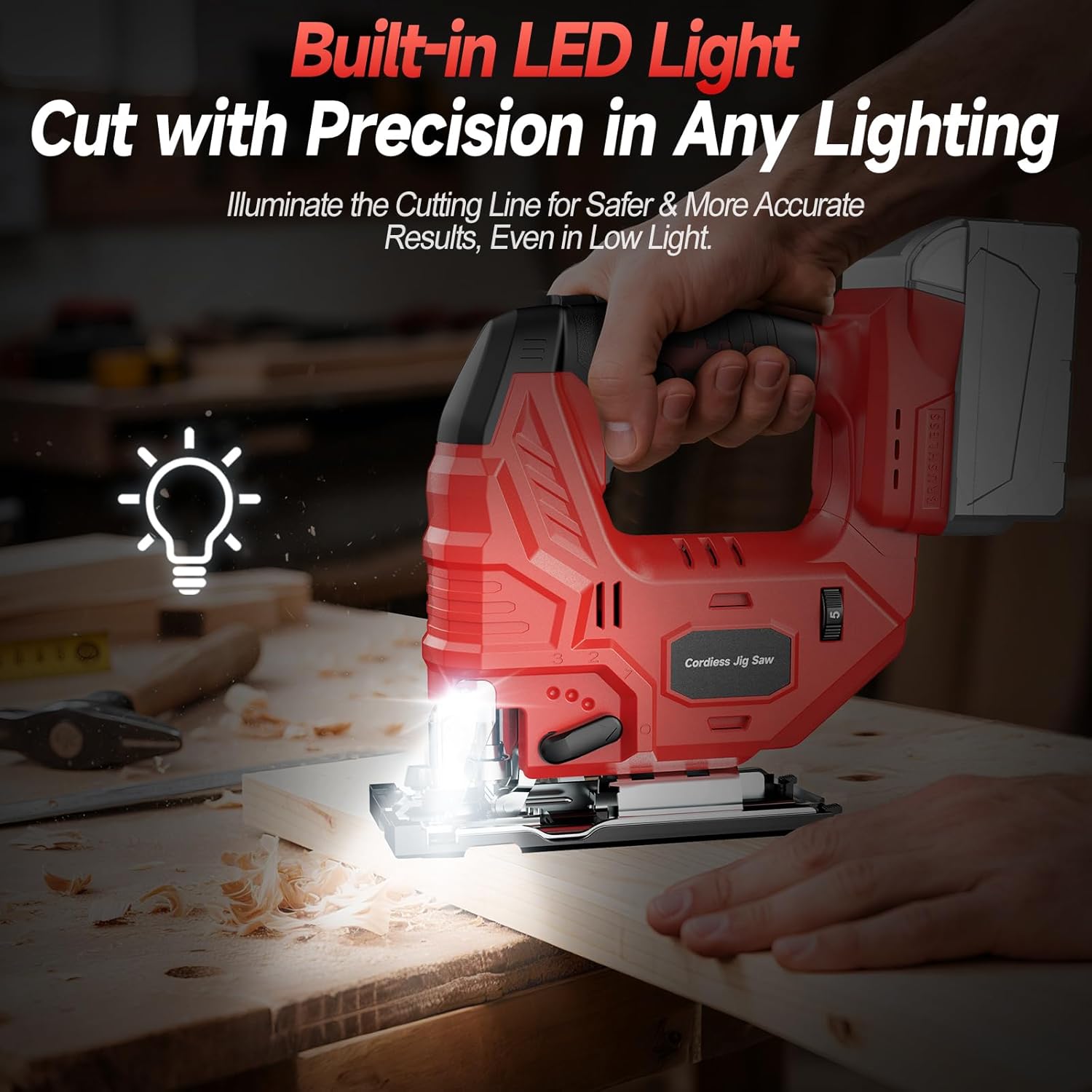 Cordless Jigsaw Compatible with Milwaukee 18V Battery, Brushless Motor, 7-Speed Variable Control, 3200 RPM, 800W Power, Guide Rail, 0–45° Bevel, LED Light, 6 Blades (Tool Only)