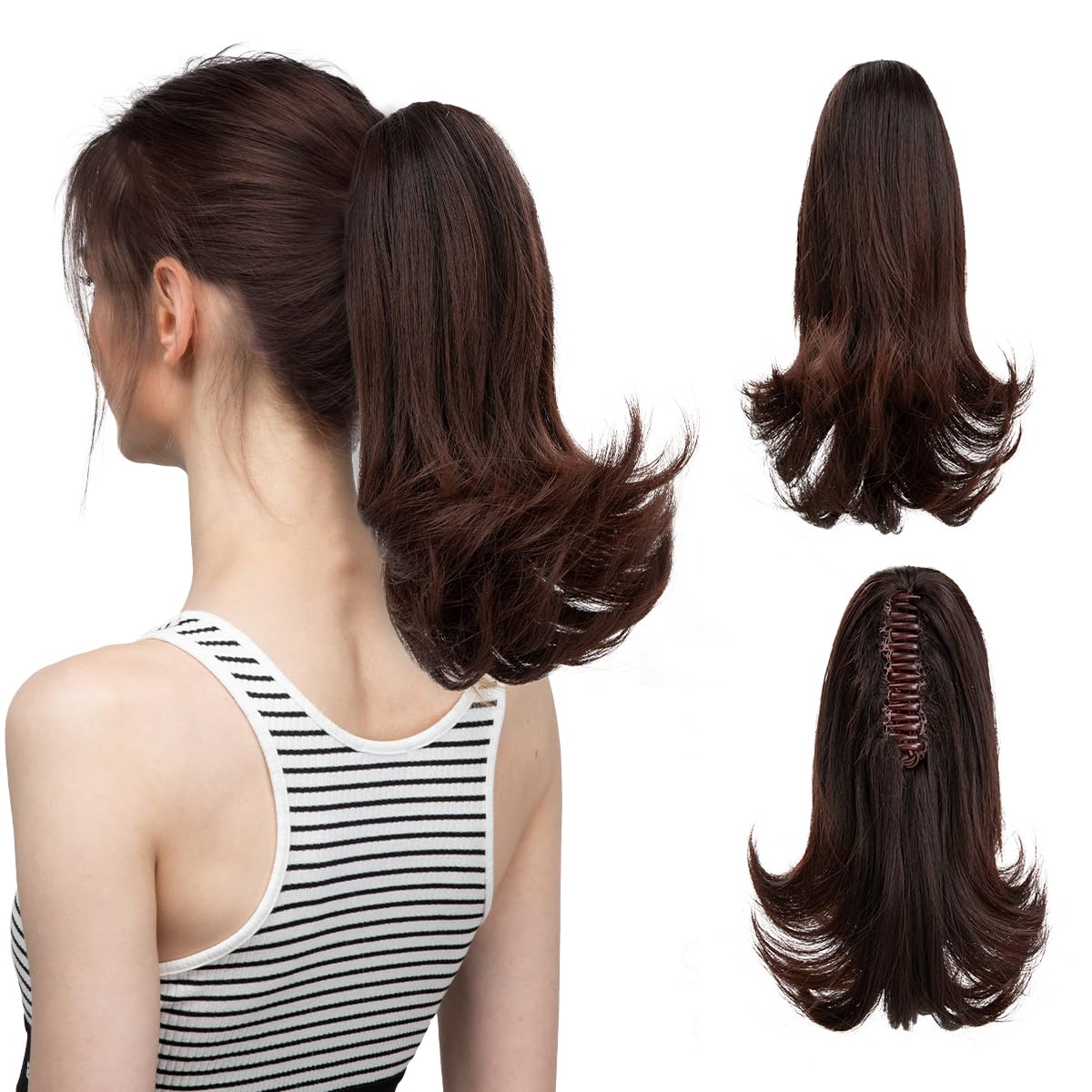 CJL HAIR 12Inch Claw Ponytail Extension Brown to Dark Auburn Short Curly Pony tails Clip in Hair Extension Synthetic Hairpiece for Women Girls