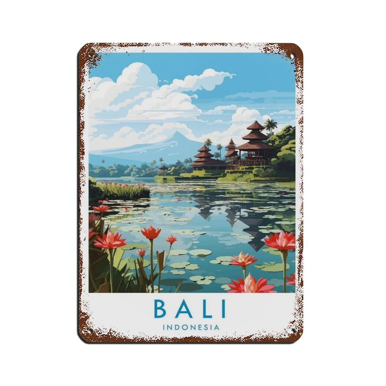 Bali Travel Poster, Indonesia (12) Retro Poster Metal Tin Sign Chic Art Retro Iron Painting Bar People Cave Cafe Family Garage Poster Wall Decoration 12x16inch(30x40cm)