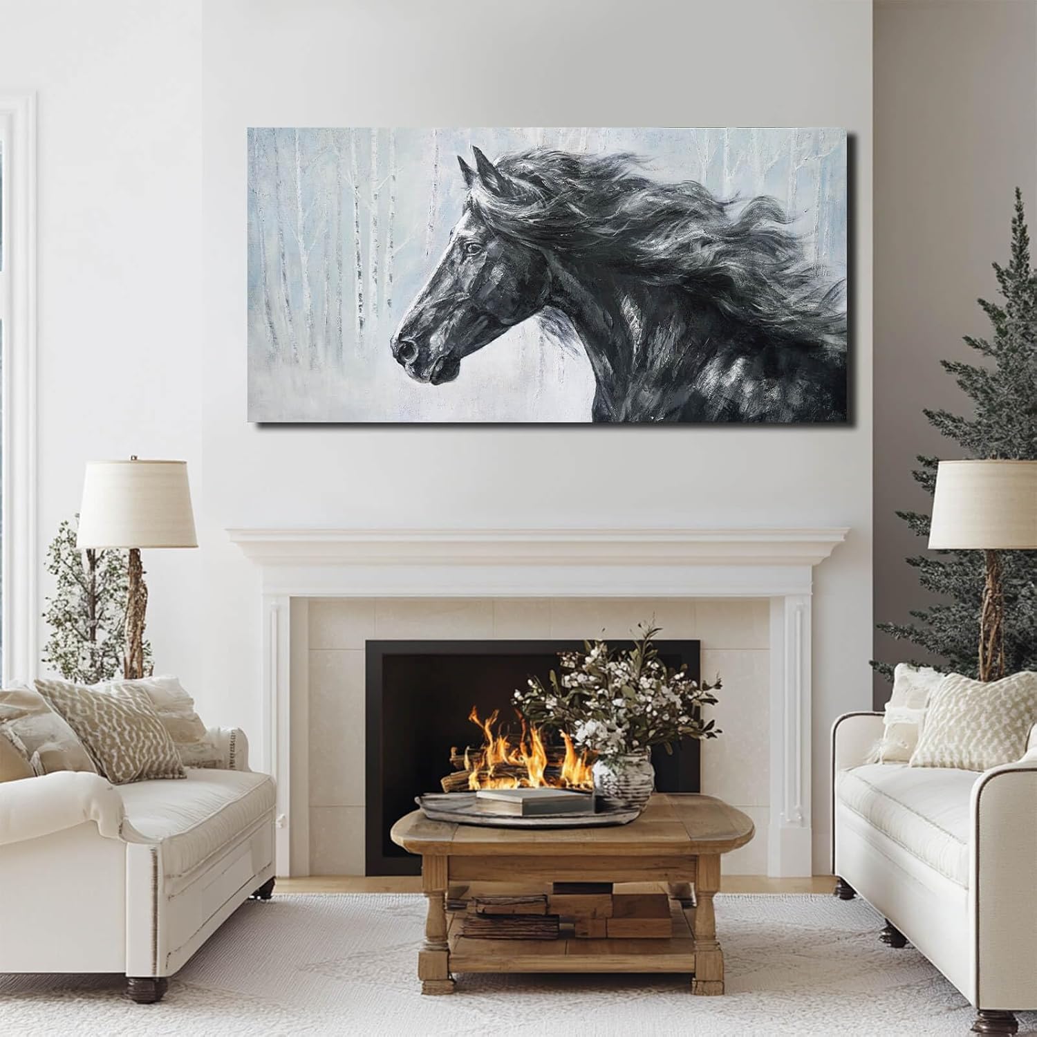 ZHENGYIN Large Black and White Horse Canvas Wall Art, Western Equine Portrait Artwork, Rustic Western Farmhouse Wall Decor for Living Room Office, Above Sofa, 24x48 Inch - Image 5