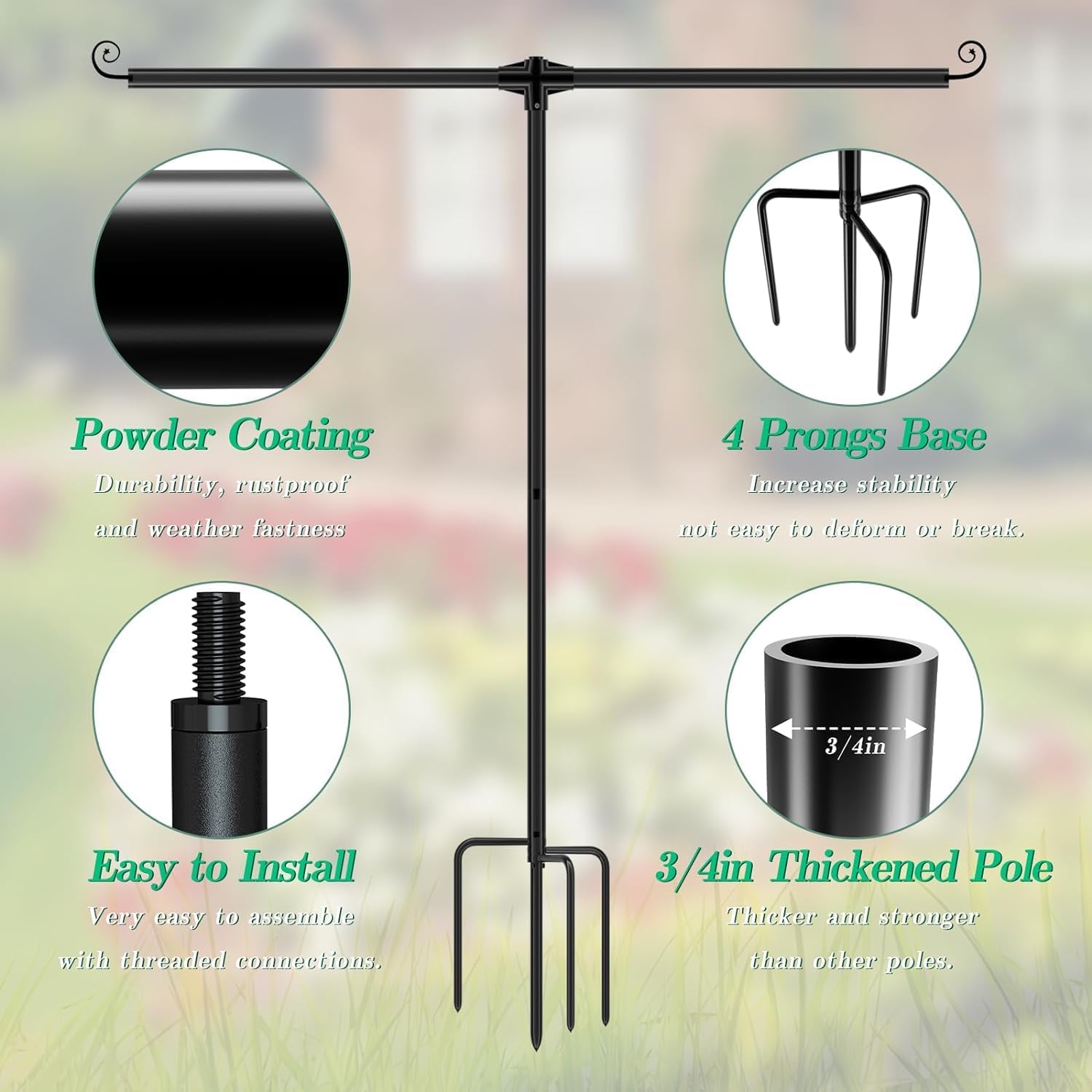 Garden Flag Stand Holder with 4 Prong Base for Double Flags, 3/4 Inch Extra Thick Heavy Duty Yard Flag Holder for Outside 12x18 Home Patio Decor - Image 4